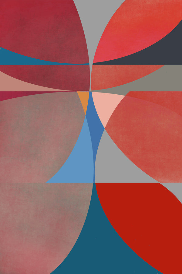 Abstract geometric art with red, blue, and gray circles on a textured background
