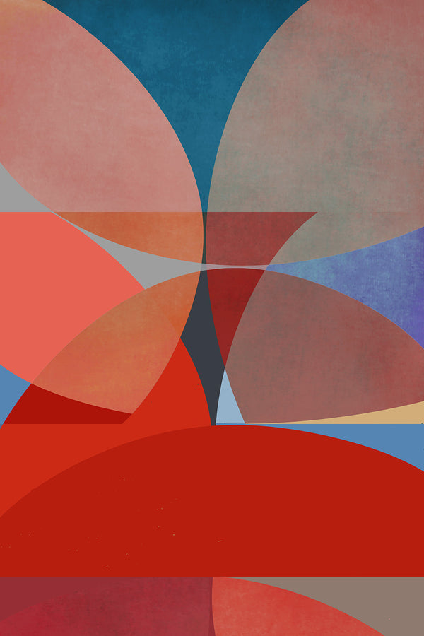 Abstract art with geometric shapes in red, orange, and blue on a blue background