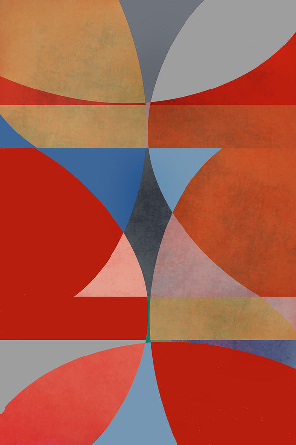 Abstract art with geometric shapes in red, blue, and gray on a gray background