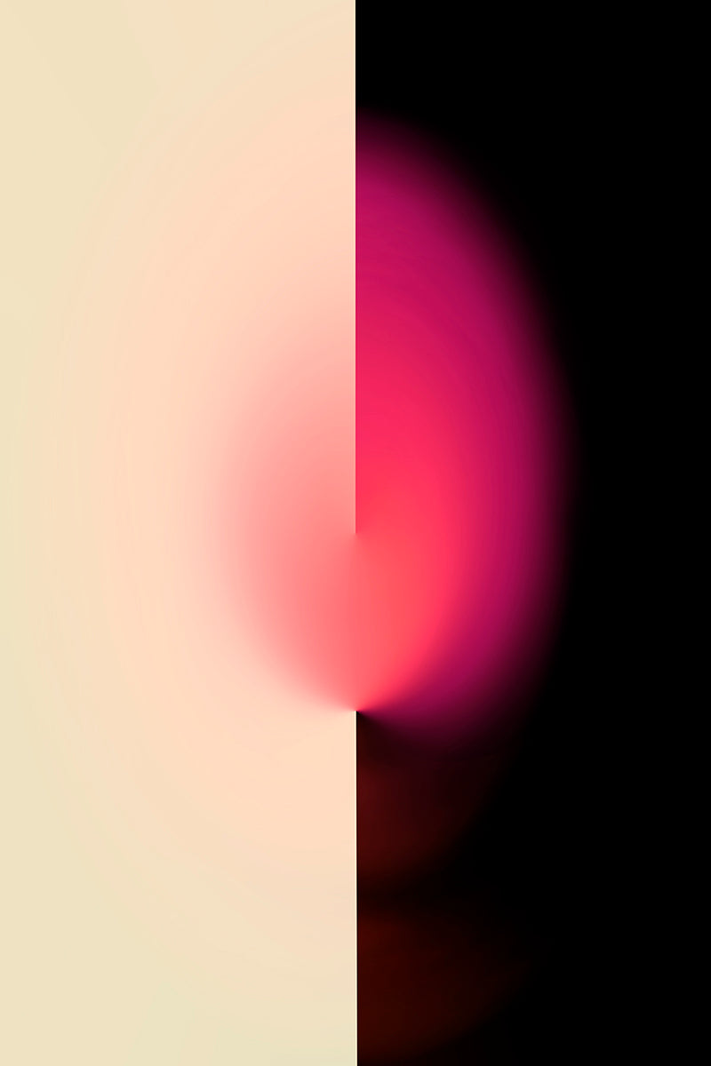 Abstract graphic art with a vertical split: warm cream on the left and a black field on the right, with a soft pink to magenta blurred oval shape crossing the center.