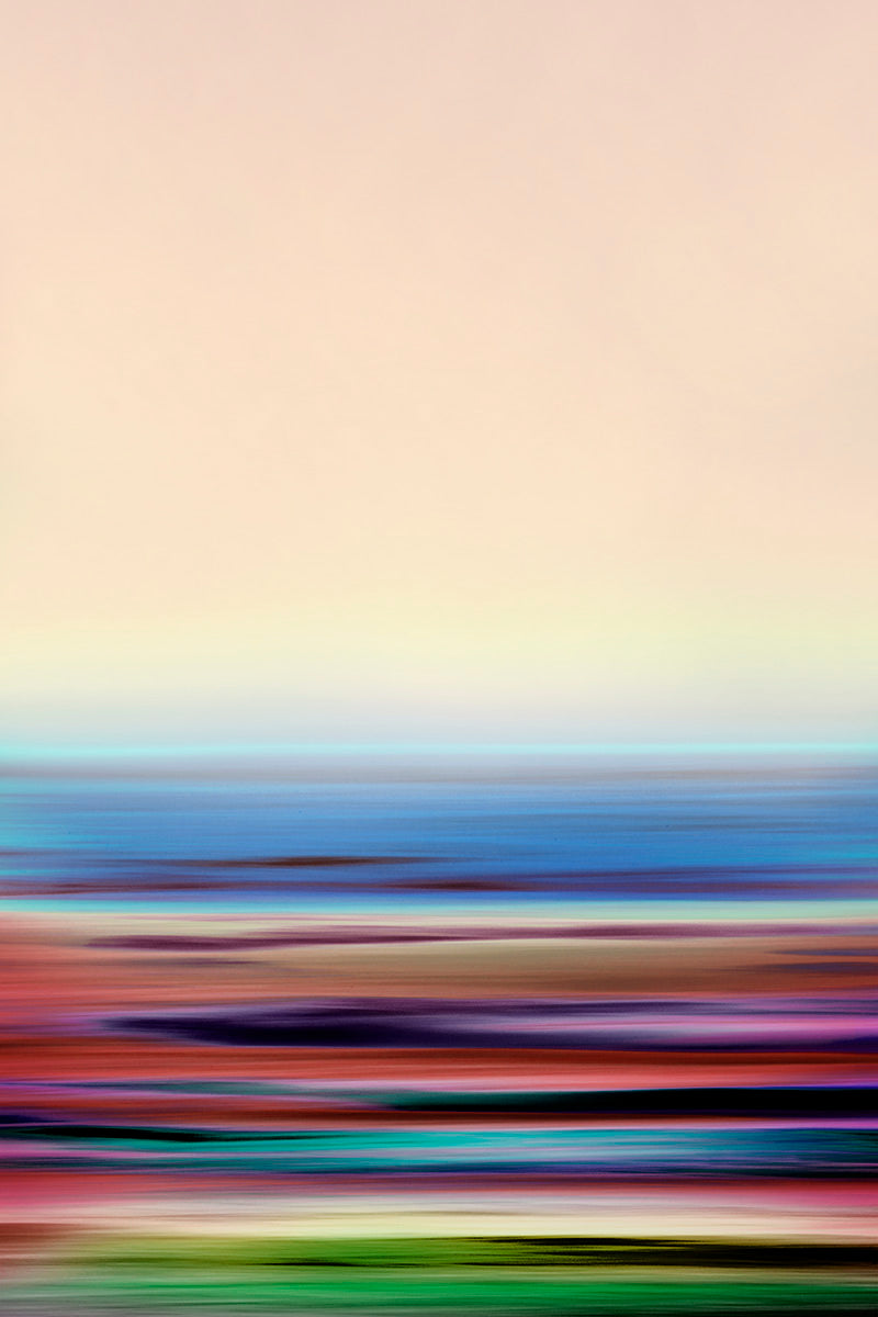 Abstract landscape art print featuring a smooth beige sky gradient blending into horizontal streaks of blue, purple, red, and green.
