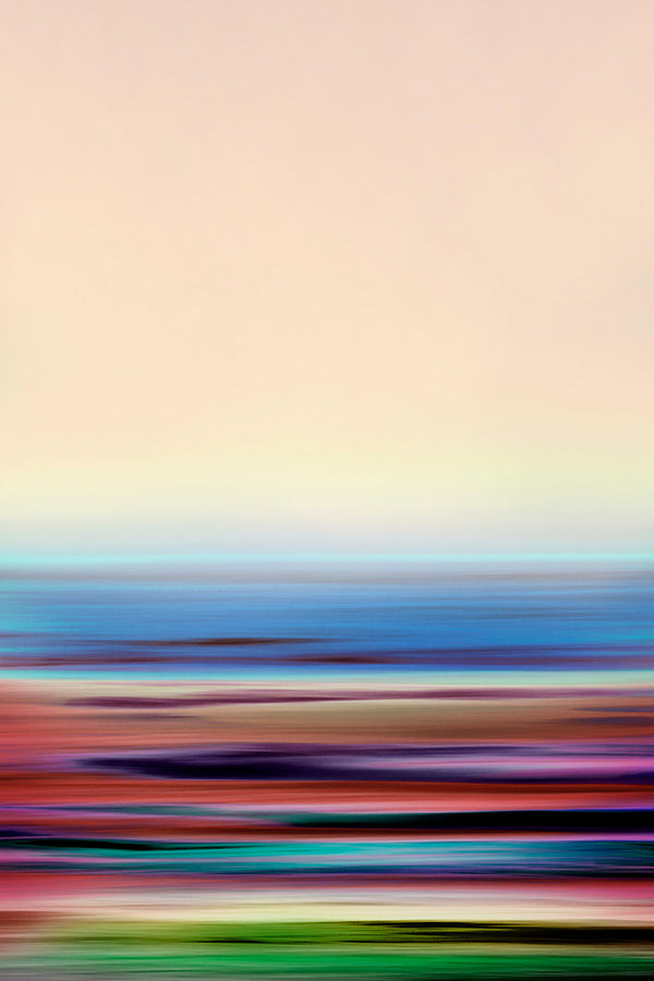Abstract landscape art print featuring a smooth beige sky gradient blending into horizontal streaks of blue, purple, red, and green.