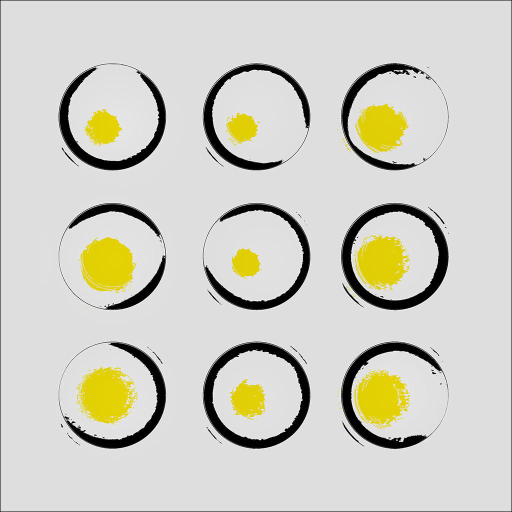 Nine circular black outlines with yellow centers on a light gray background