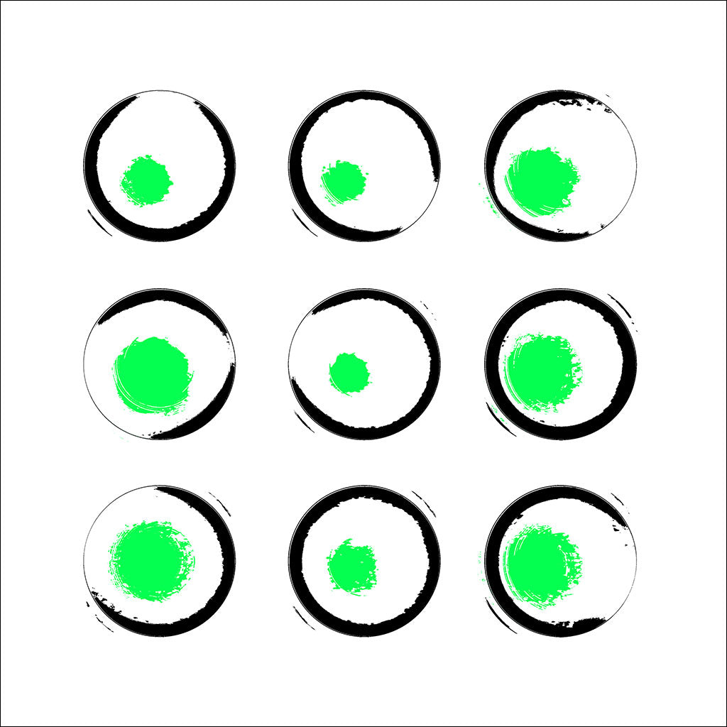 Nine circular buttons with green centers on a white background