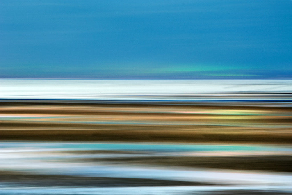 Abstract seascape with horizontal stripes in blue, white, and multicolor on a blue background