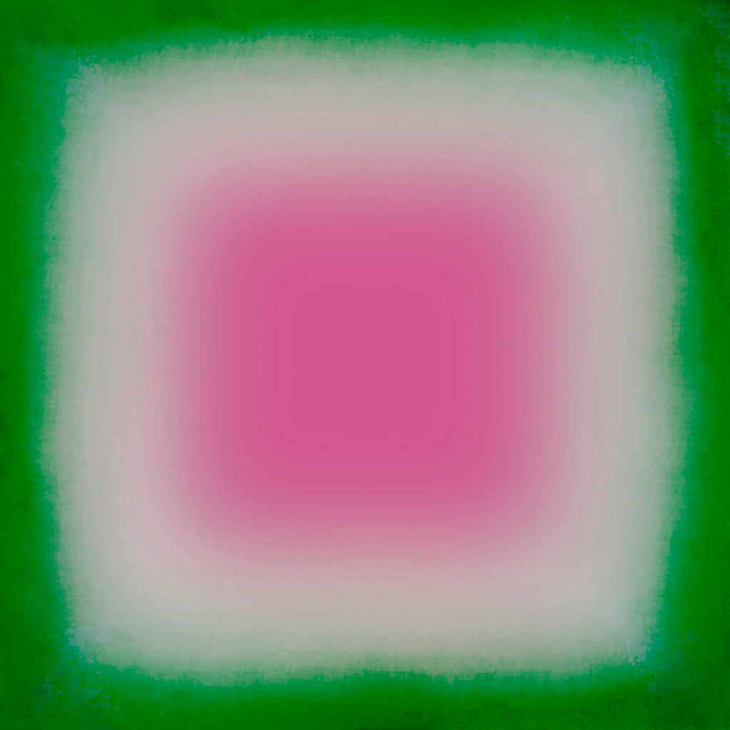 Abstract color block design with pink square surrounded by green and white borders