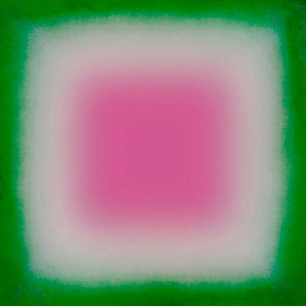 Abstract color block design with pink square surrounded by green and white borders