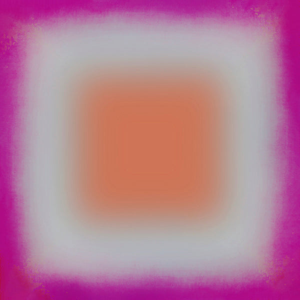 Abstract art with a central square in orange surrounded by concentric squares in pink and purple