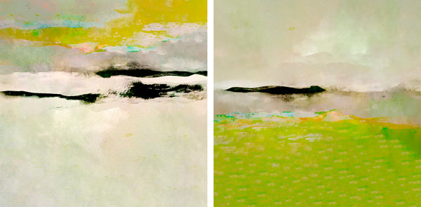 A side-by-side display of two abstract landscape paintings. The left painting features a textured composition with yellow, gray, black, and white brushstrokes.