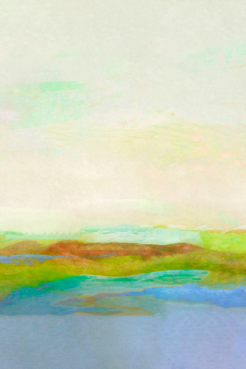 Abstract landscape painting with soft watercolor washes of pale cream, mint green, yellow, olive green, turquoise, blue, and brown, resembling a distant field or shoreline.