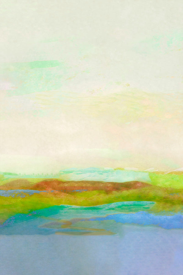 Abstract landscape painting with soft watercolor washes of pale cream, mint green, yellow, olive green, turquoise, blue, and brown, resembling a distant field or shoreline.