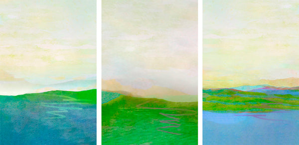 Triptych of a landscape with green fields and blue water under a yellow sky.