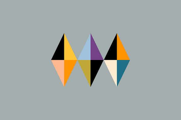 Three stylized geometric art diamond-like logos made of colored triangles on a plain gray background.