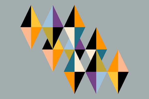 A geometric triangle art of interlocking triangles and diamonds in black, orange, yellow, purple, light blue, teal, cream, and olive on a solid gray background.