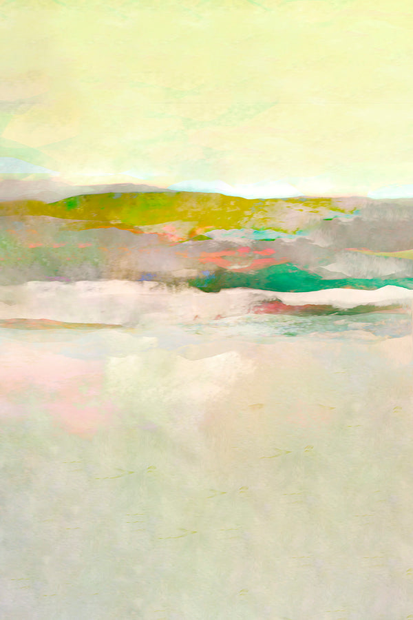 An abstract landscape painting featuring soft, blended brushstrokes of pale yellow, sage green, gray, pink, and teal.