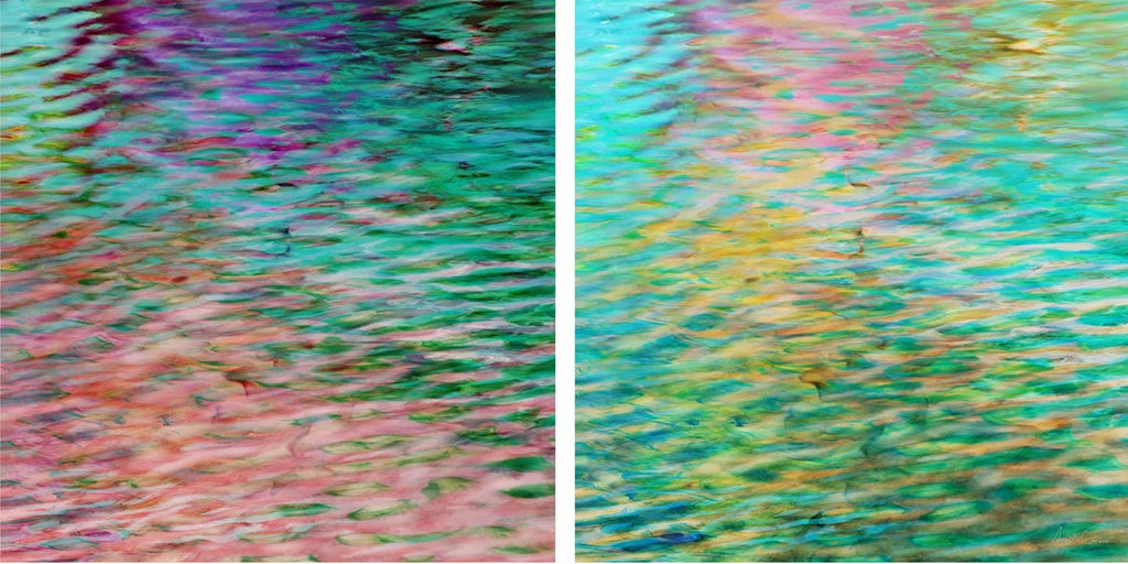 Two abstract art pieces with wavy patterns in various colors.