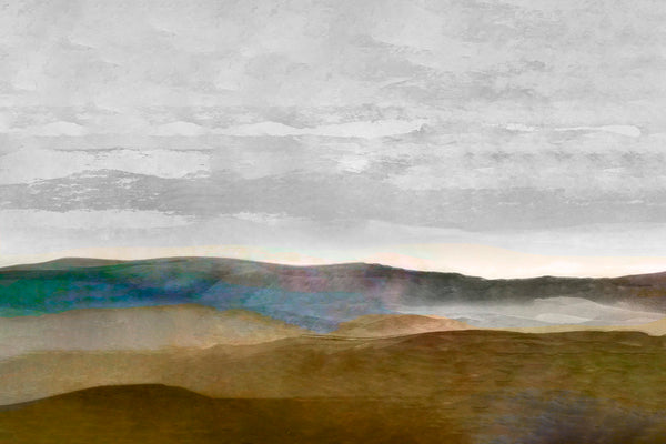 An abstract landscape painting featuring layered hills in earthy brown and green tones under a textured, cloudy gray sky.